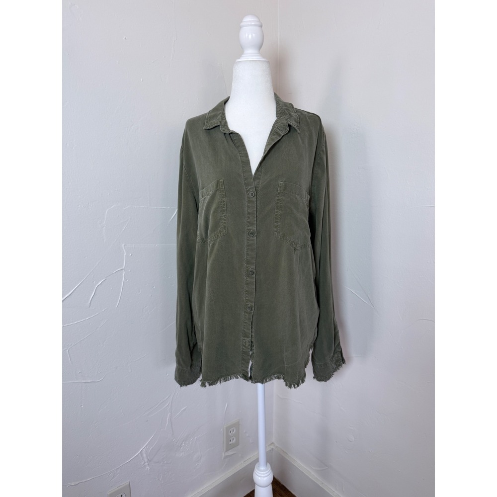 Cloth & Stone L Olive Tencel Frayed Hem Utility Button Down Shirt